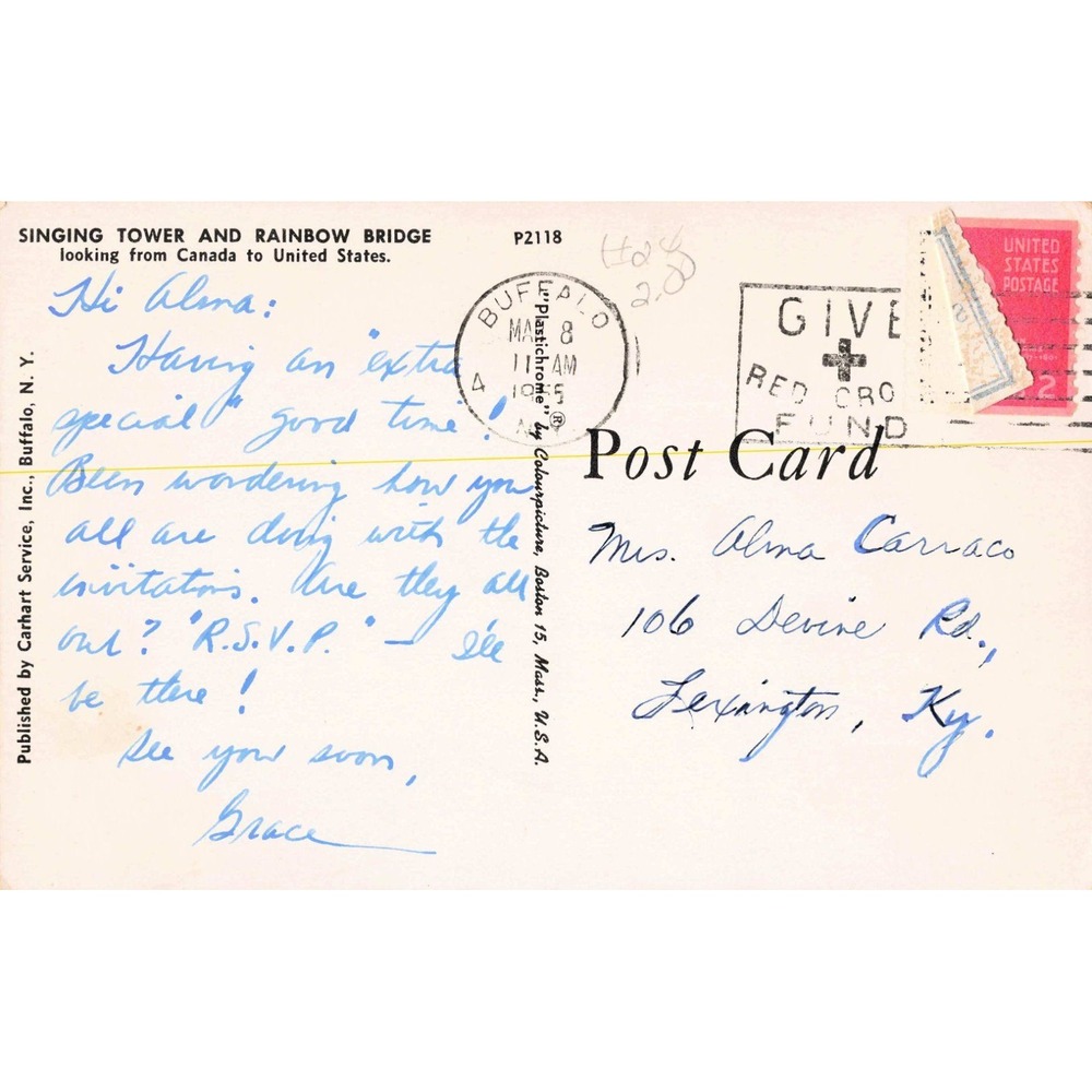 Vintage 1955 Singing Tower Rainbow Bridge Niagara Falls Postcard VG P2118 - Picture 2 of 2